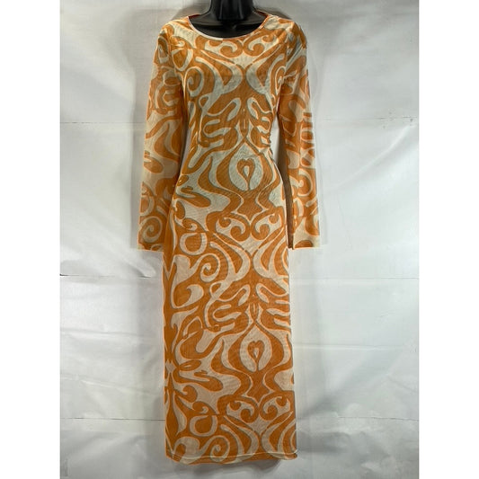 FIND ME NOW Women's Mesh Orange Creamsicle Dream On Long Sleeve Midi Dress SZ M