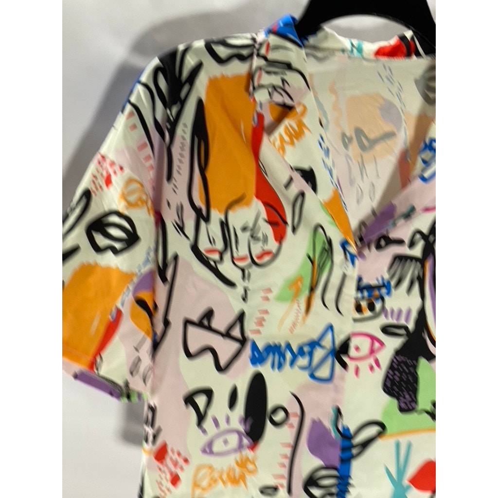 SHEIN Women's White/Multi Graffiti Graphic Button-Up Short Sleeve Crop Top SZ S