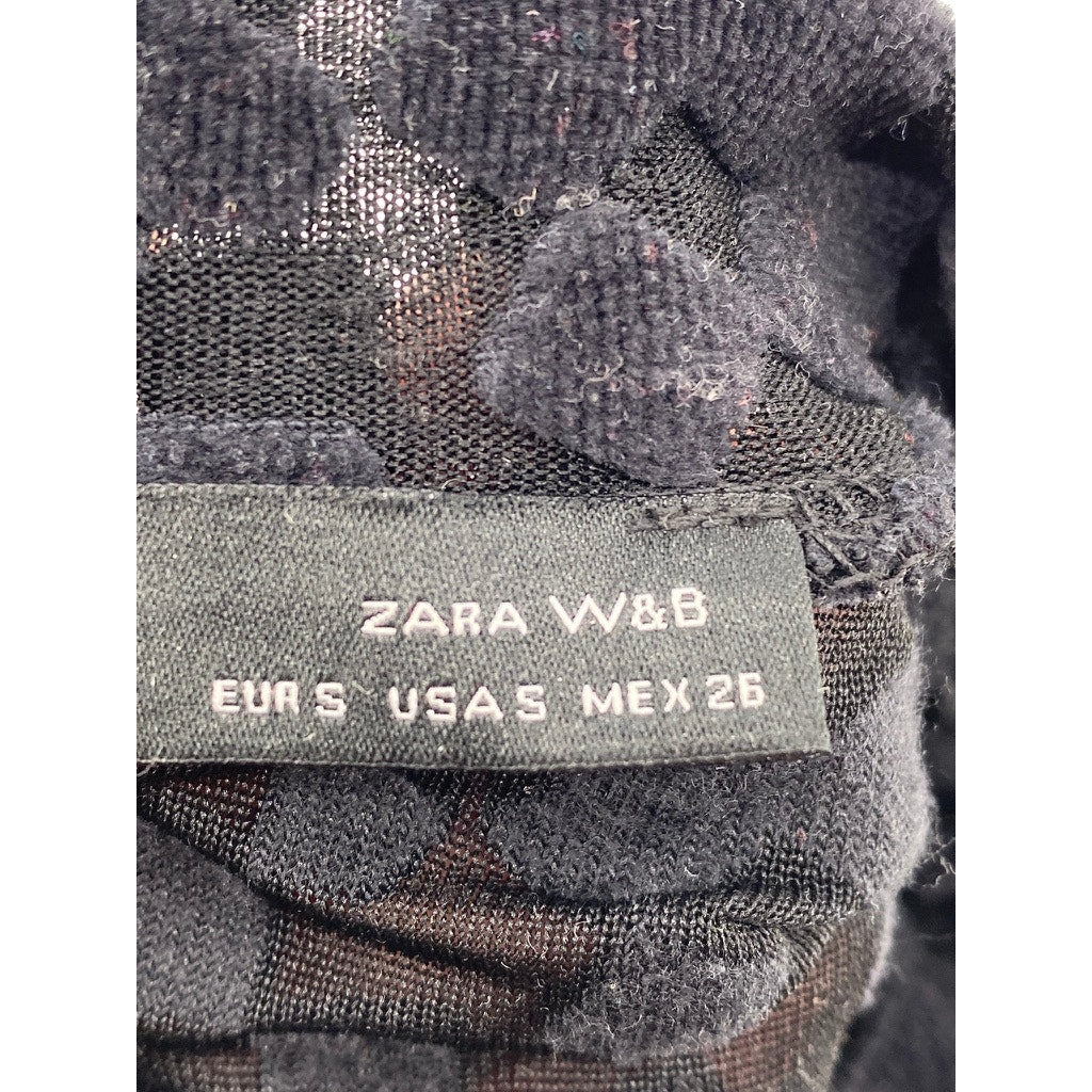 ZARA W&B Women's Black Mesh Textured Mock-Neck Short Sleeve Cropped Top SZ S