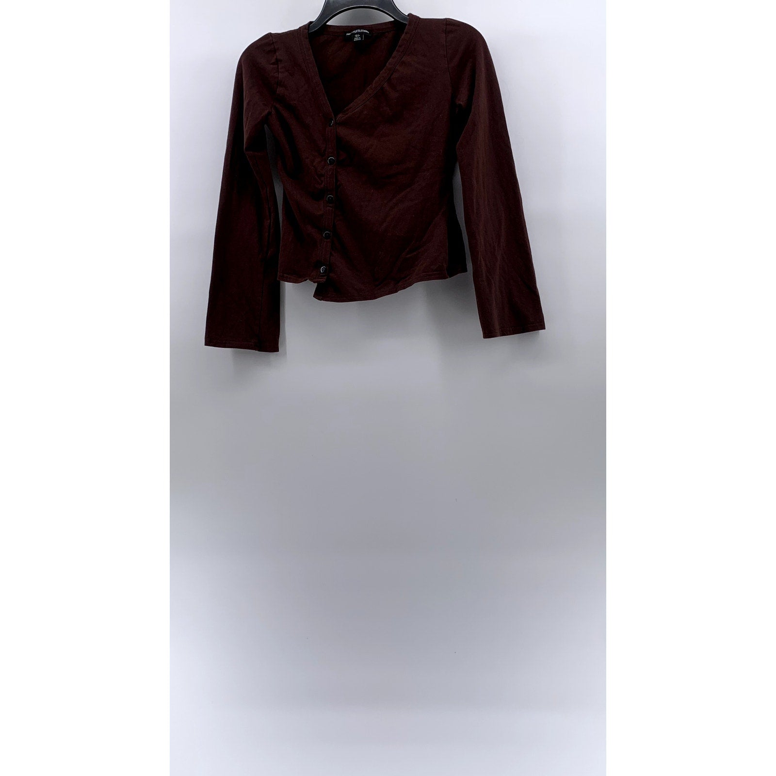 PRETTYLITTLETHING Women's Brown Solid Asymmetrical Button-Up Long Sleeve Top SZ2