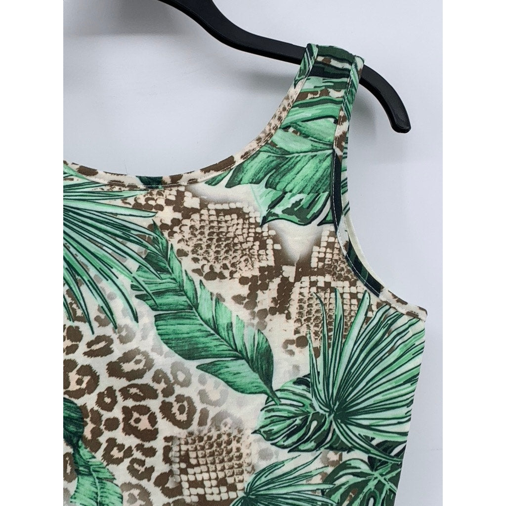UNBRANDED Women's White-Green Tropical Print 2-Pc Skirt Tank Set SZ L/XL