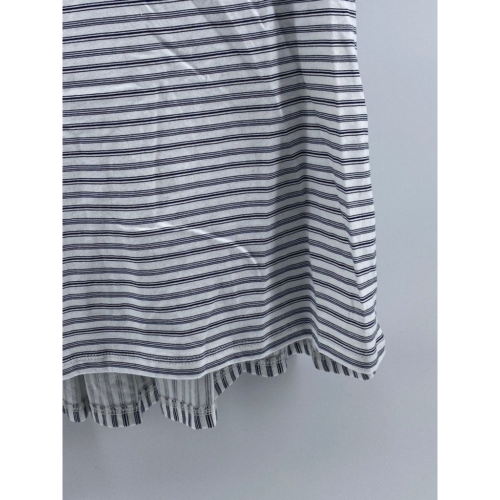 LOFT OUTLET Women's Petite White-Gray Striped Crewneck Ruffle-Hem Top M/P