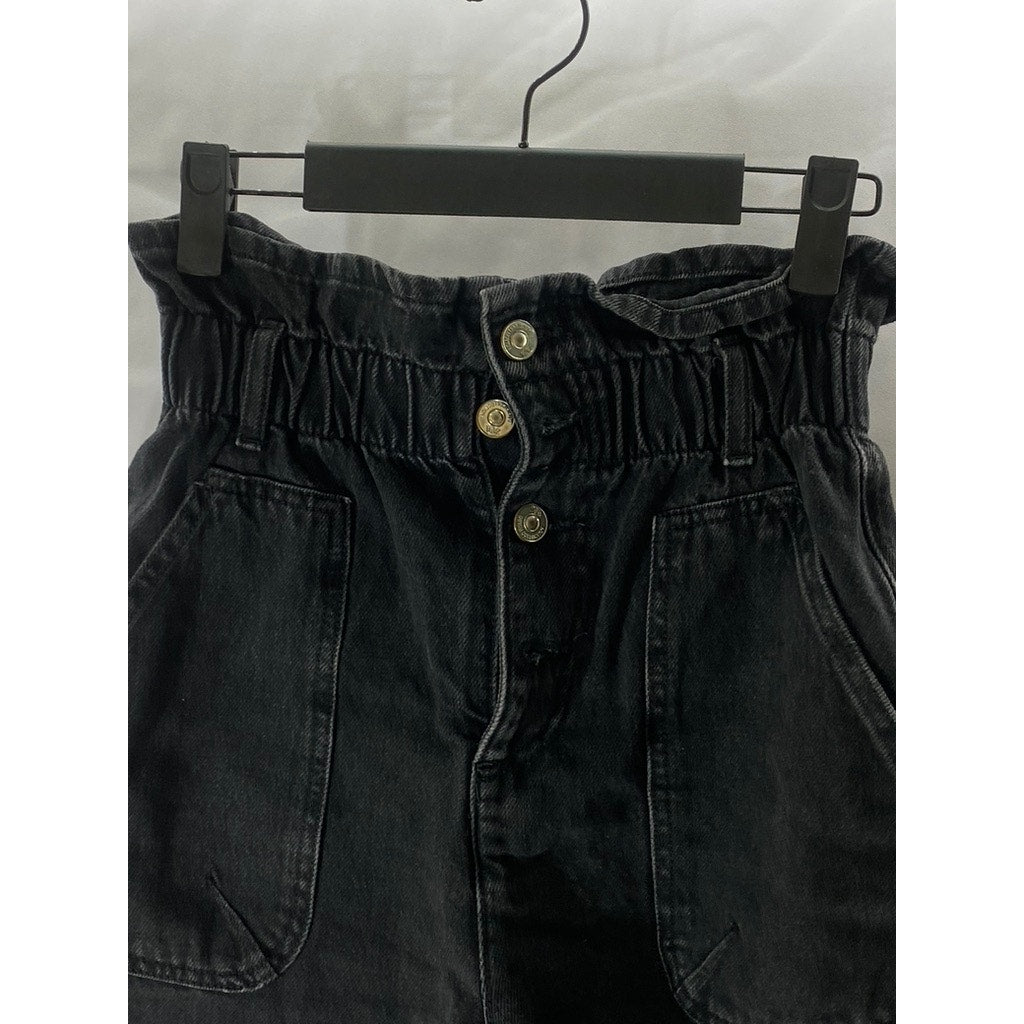 ZARA Women's Black Ruffle-Elasticized Waist Denim Cuffed Paperbag Shorts SZ 34