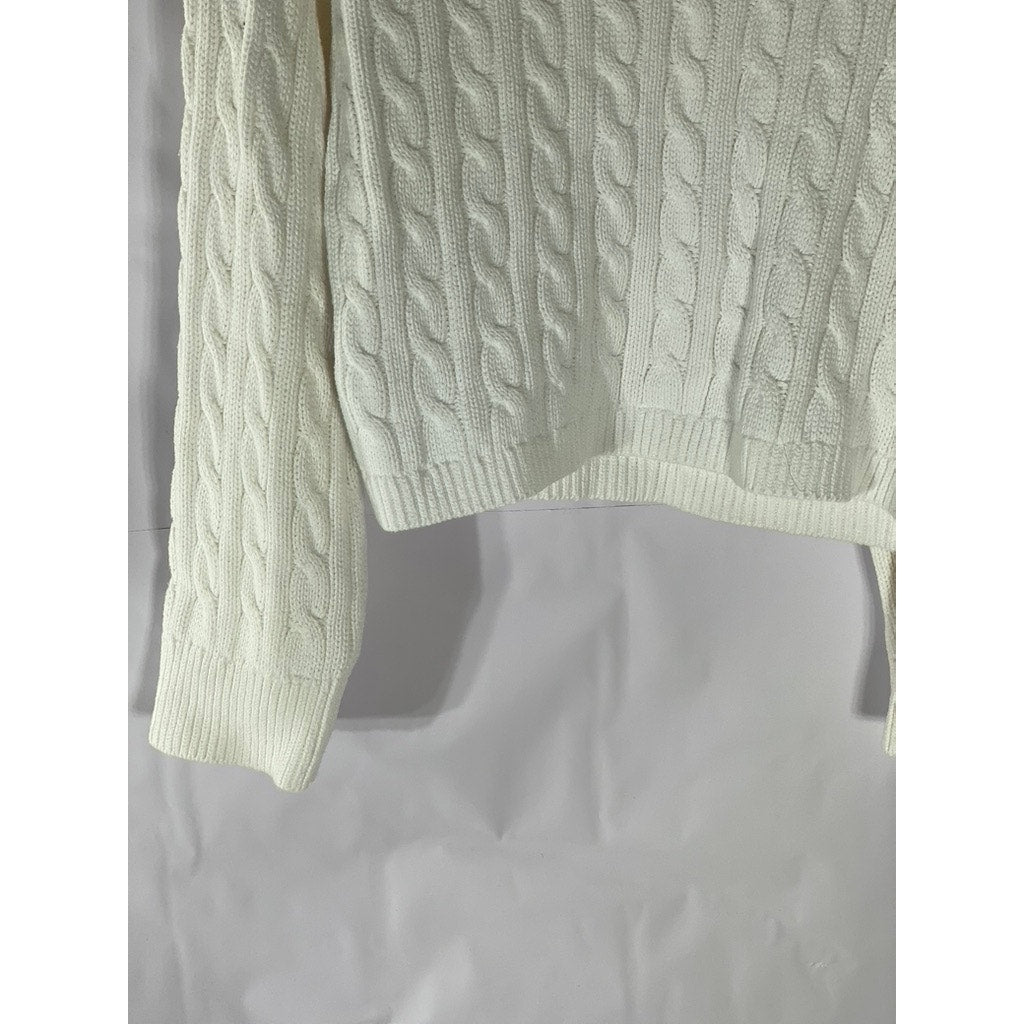 J.CREW Women's White Cable-Knit Crewneck Long Sleeve Cropped Sweater SZ M