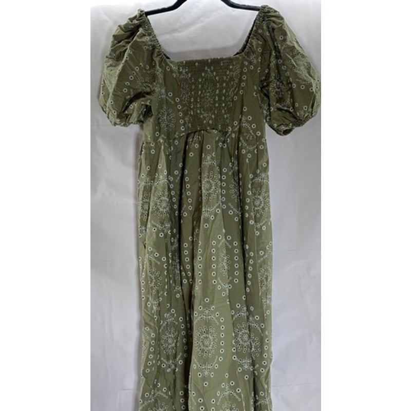 PRIMARK Women's Green Eyelet Keyhole Front Puff-Sleeve Maxi Dress SZ 12