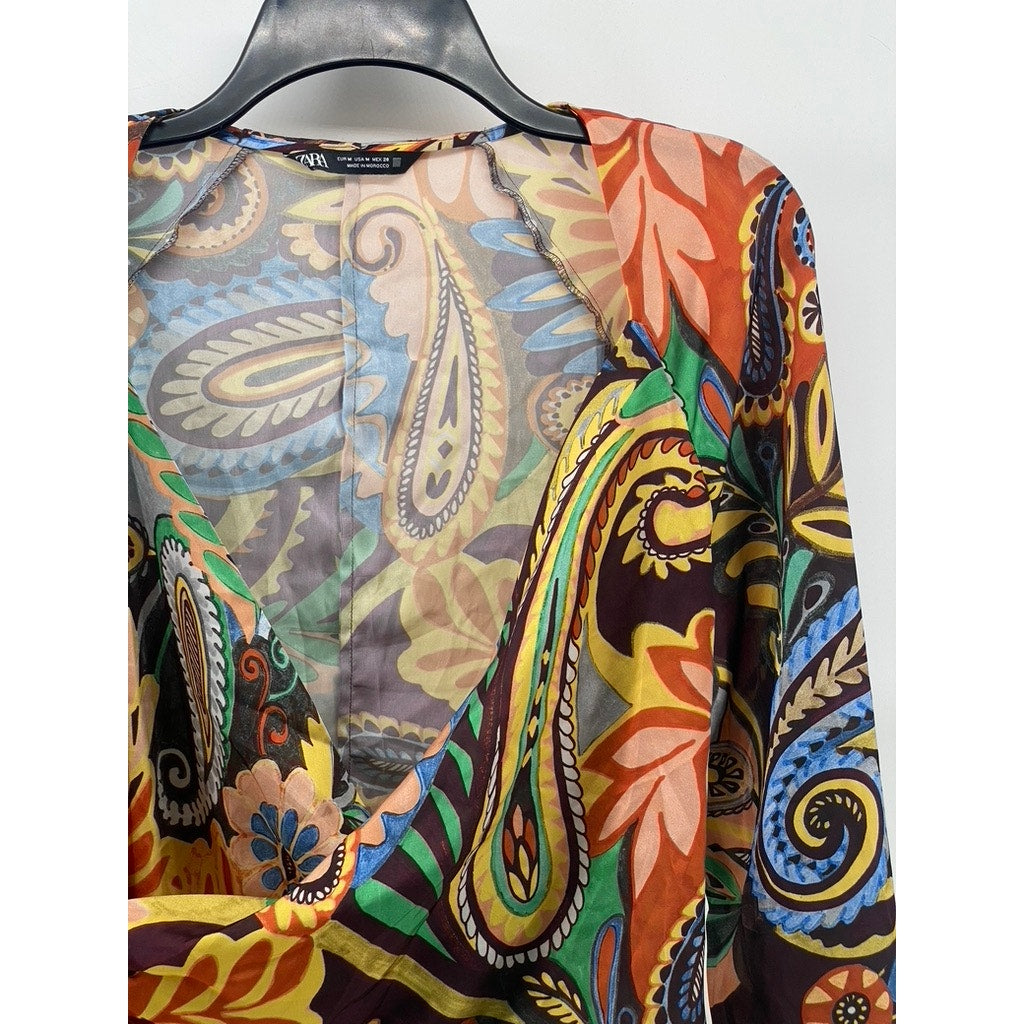 ZARA Women's Black-Multi Printed V-Neck Wrap Long Sleeve Top SZ M