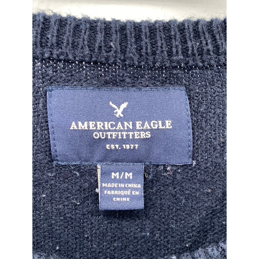 AMERICAN EAGLE Men's Navy Blue-Gray Arrow Crewneck Knit Long Sleeve Sweater SZ M