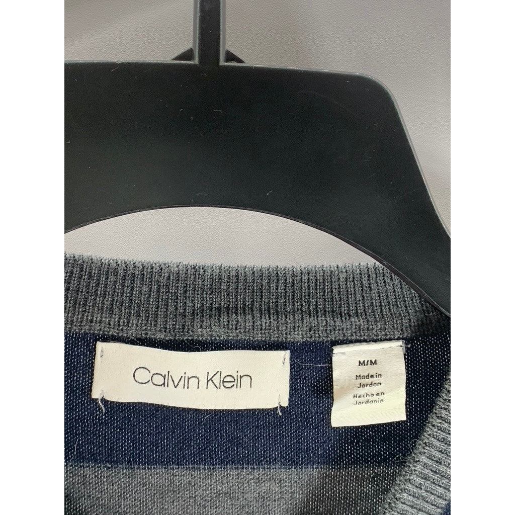 CALVIN KLEIN Men's Gray/Blue Wool-Blend Striped Colorblock Crewneck Sweater SZ M