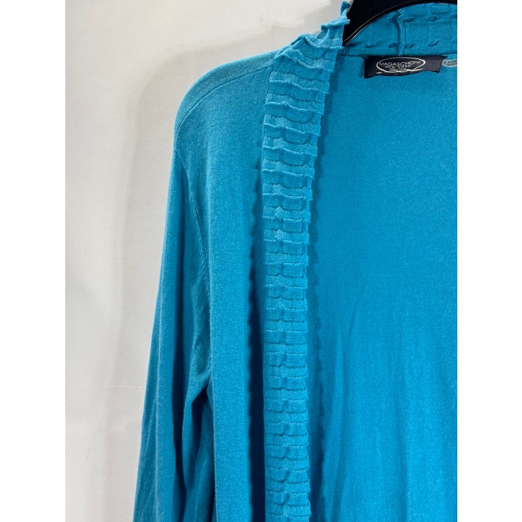 MAGASCHONI Women's Blue Ribbed Trim Silk-Cashmere Open-Front Cardigan SZ S