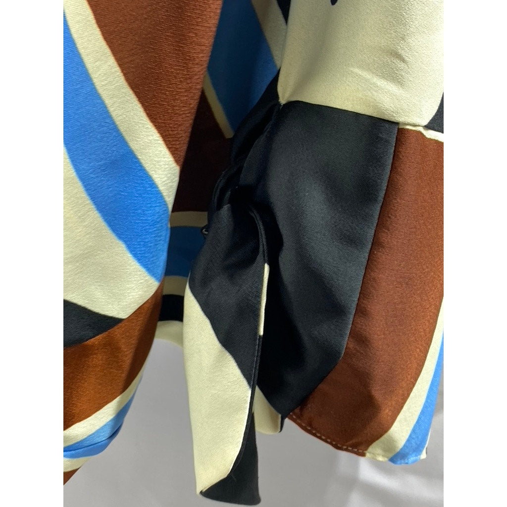 ZARA Women's Multi-Color Printed V-Neck Long Flare Tie Sleeves Top SZ S