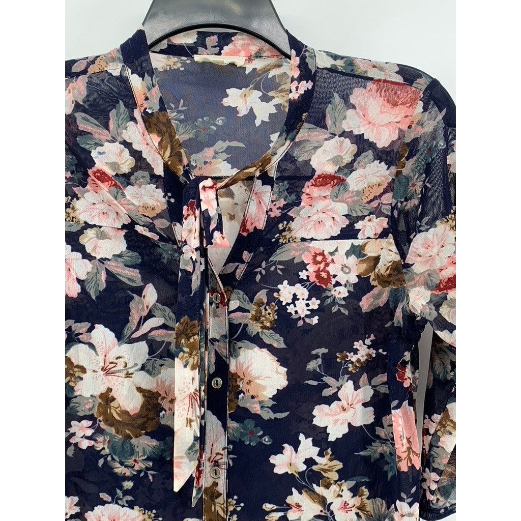 SIREN LILY Women's Navy Floral Mesh Button-Up Long Sleeve Top SZ S