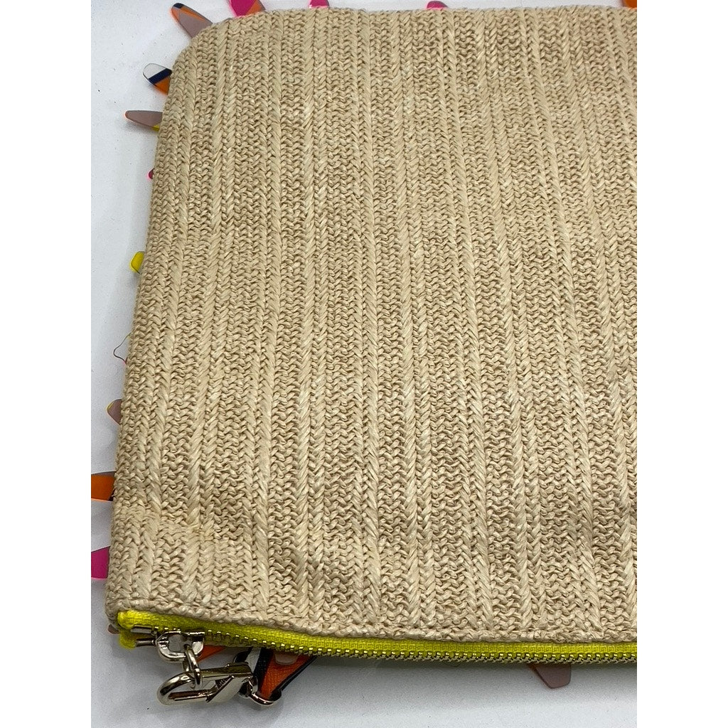 TRINA TURK Women's Beige-Pink Beaded Flower Woven Wristlet Clutch