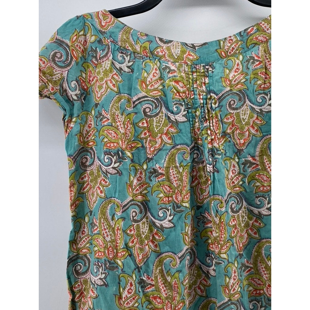 KUNDALINI Women's Green-Tan Printed Henley Short Sleeve Ruffle Hem Dress SZ S