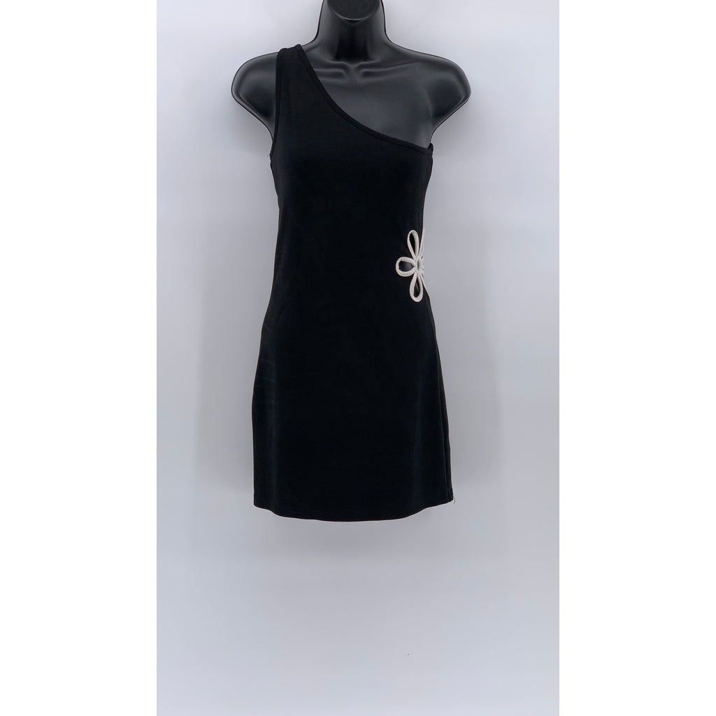 FOREVER 21 Women's Black-White Cutout Side Flower One-Shoulder Mini Dress SZ S