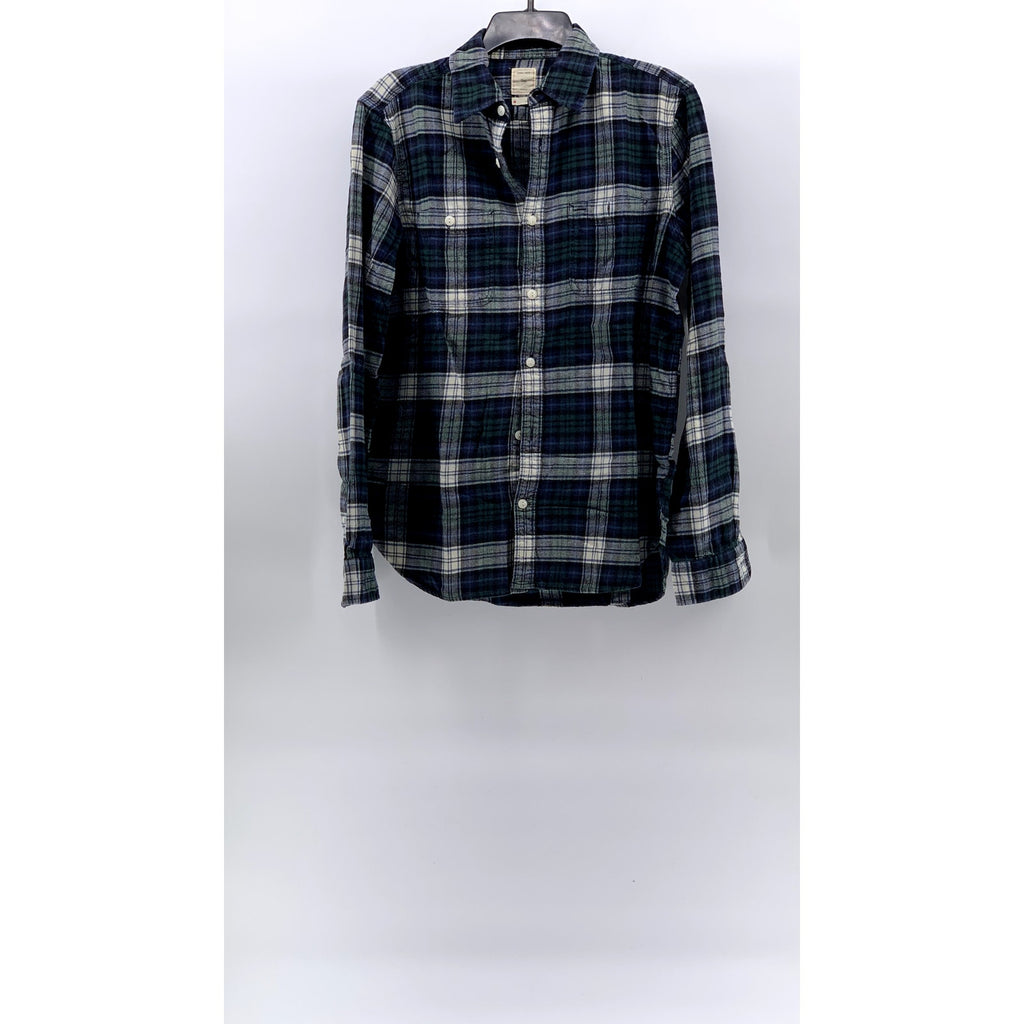 GAP Men's Blue-Green Plaid Button-Up Regular-Fit Long Sleeve Flannel Shirt SZ M