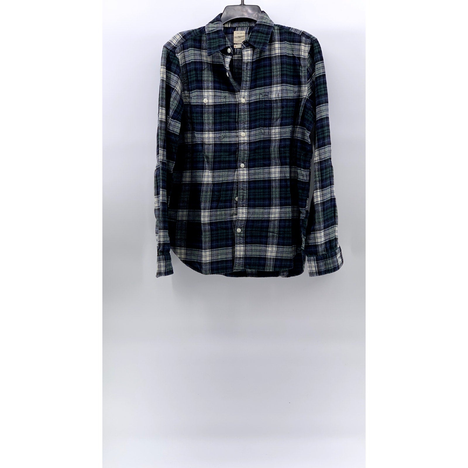 GAP Men's Blue-Green Plaid Button-Up Regular-Fit Long Sleeve Flannel Shirt SZ M