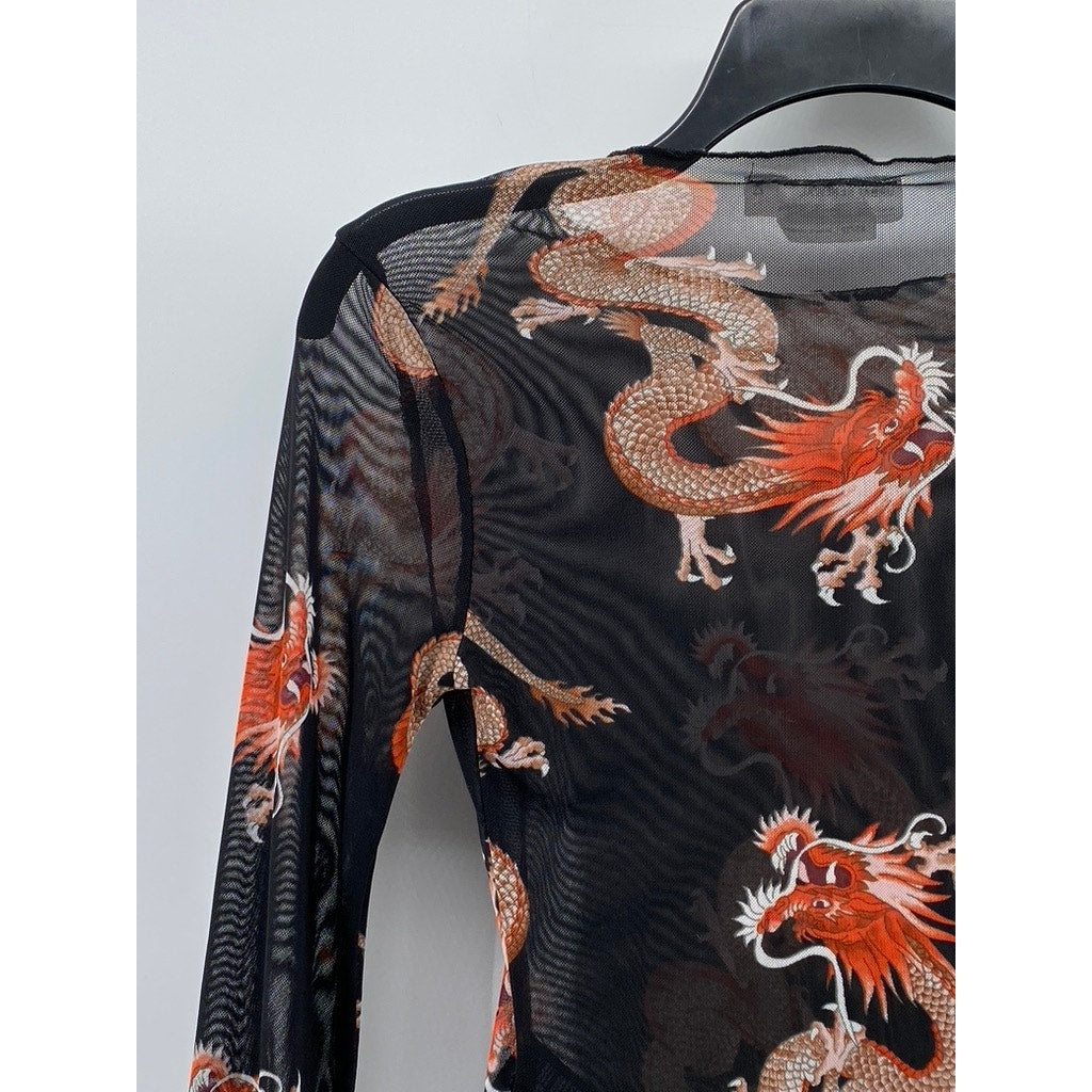 URBAN RENEWAL Women's Black-Orange Crewneck Sheer Remnants Dragon Top SZ XS