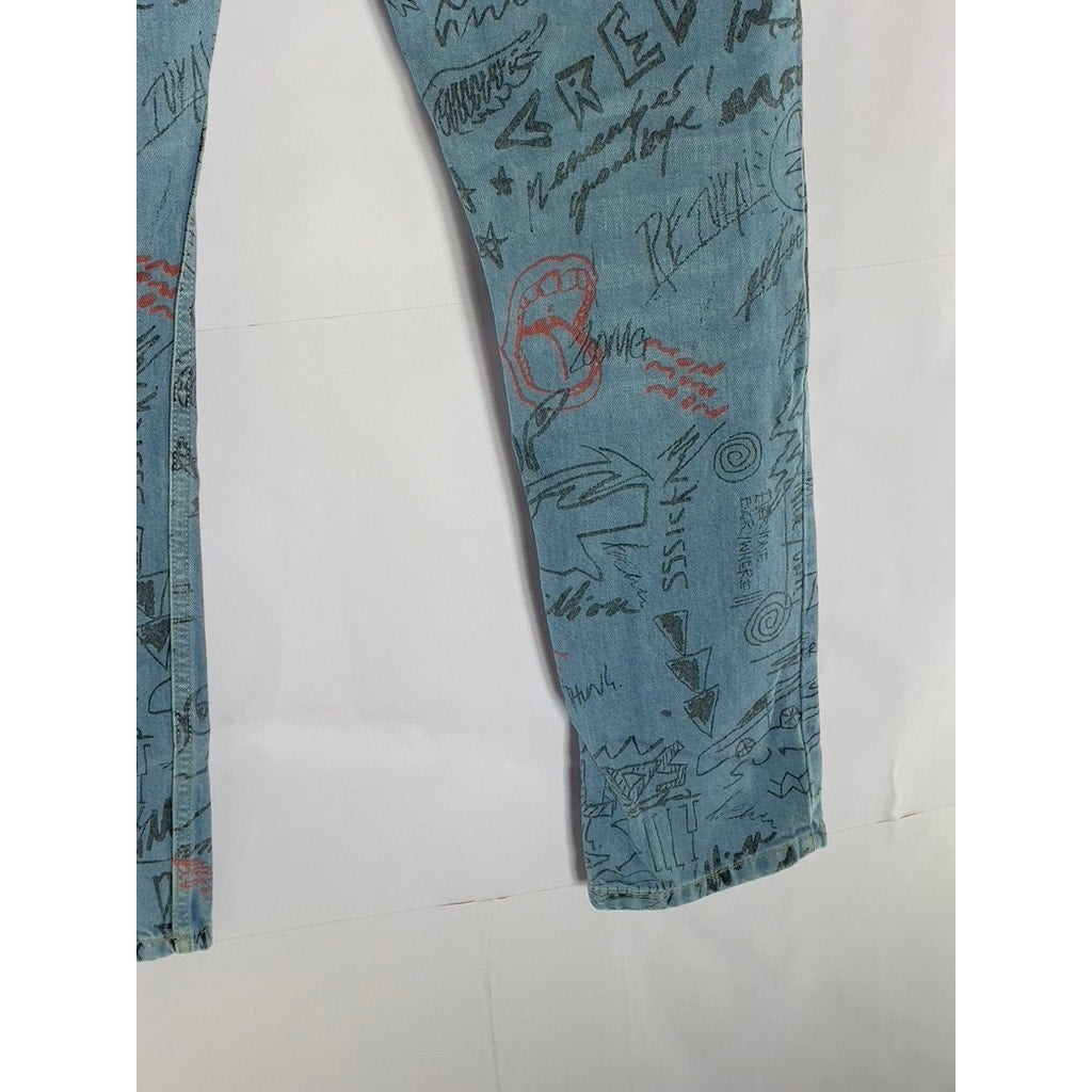 TOPMAN Men's Light Blue Doodle Print Stretch Skinny-Leg Five-Pocket Jean SZ 32S