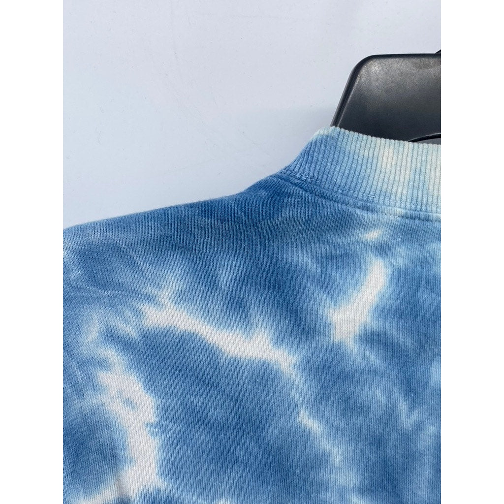 SHEIN Women's Blue-White Tie-Dye Crewneck Fungus Mushroom Sweatshirt SZ 8/10