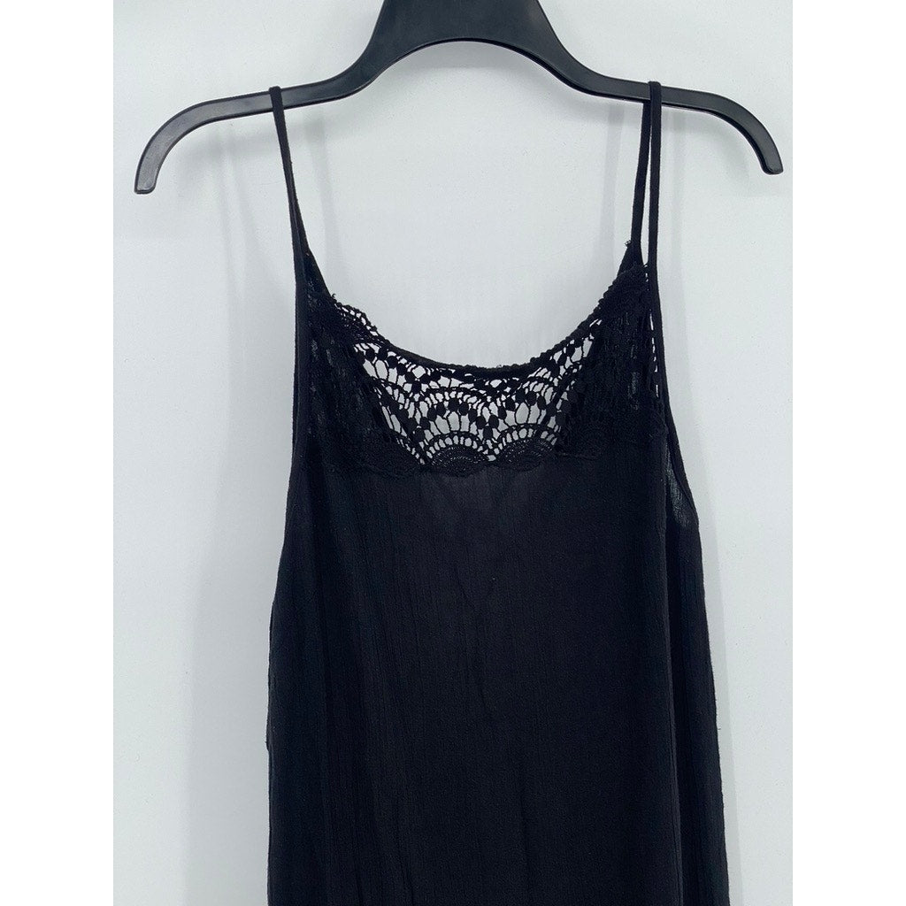 URBAN OUTFITTERS Women's Black Semi-Sheer Crochet-Trim V-Neck Maxi Dress SZ S