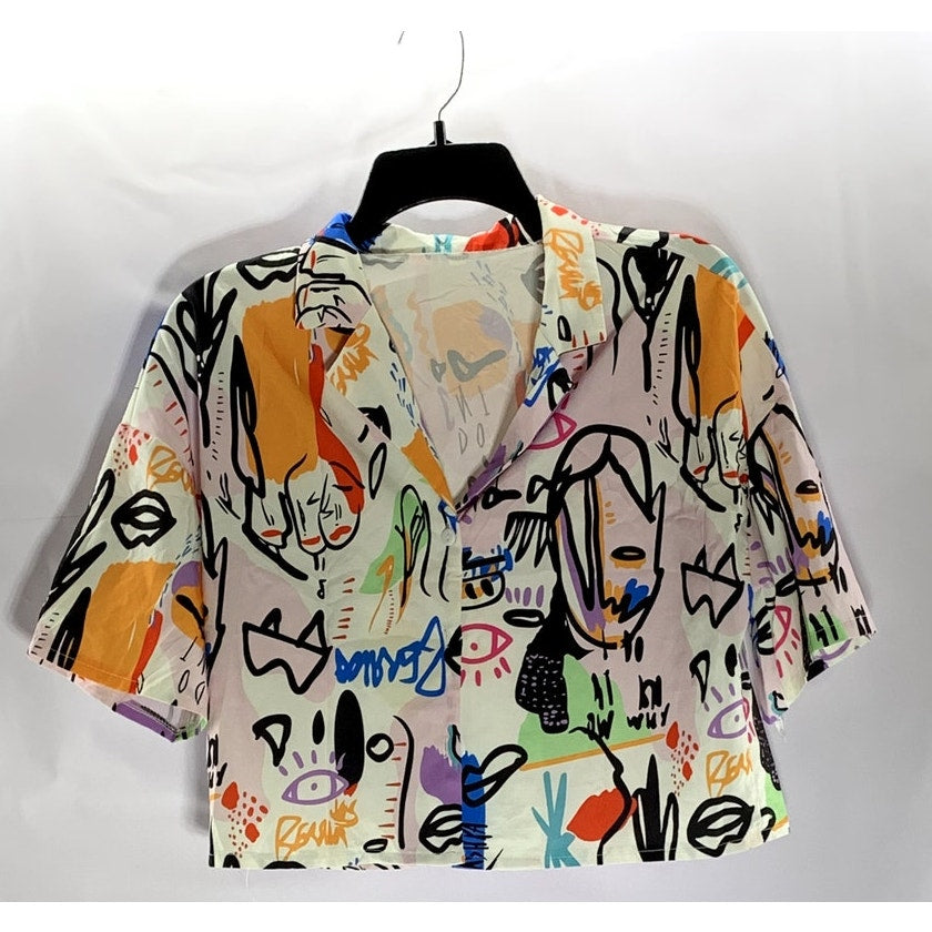 SHEIN Women's White/Multi Graffiti Graphic Button-Up Short Sleeve Crop Top SZ S