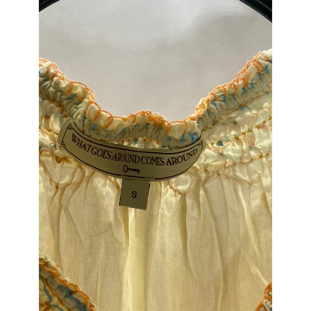 WHAT GOES AROUND COMES AROUND Women's Beige Embroidered Long SleeveTop SZ S