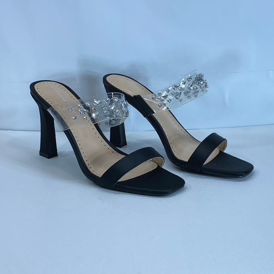 ADRIENNE VITTADINI Women's Black Rhinestone Gothic Block-Heel Sandals SZ 9.5