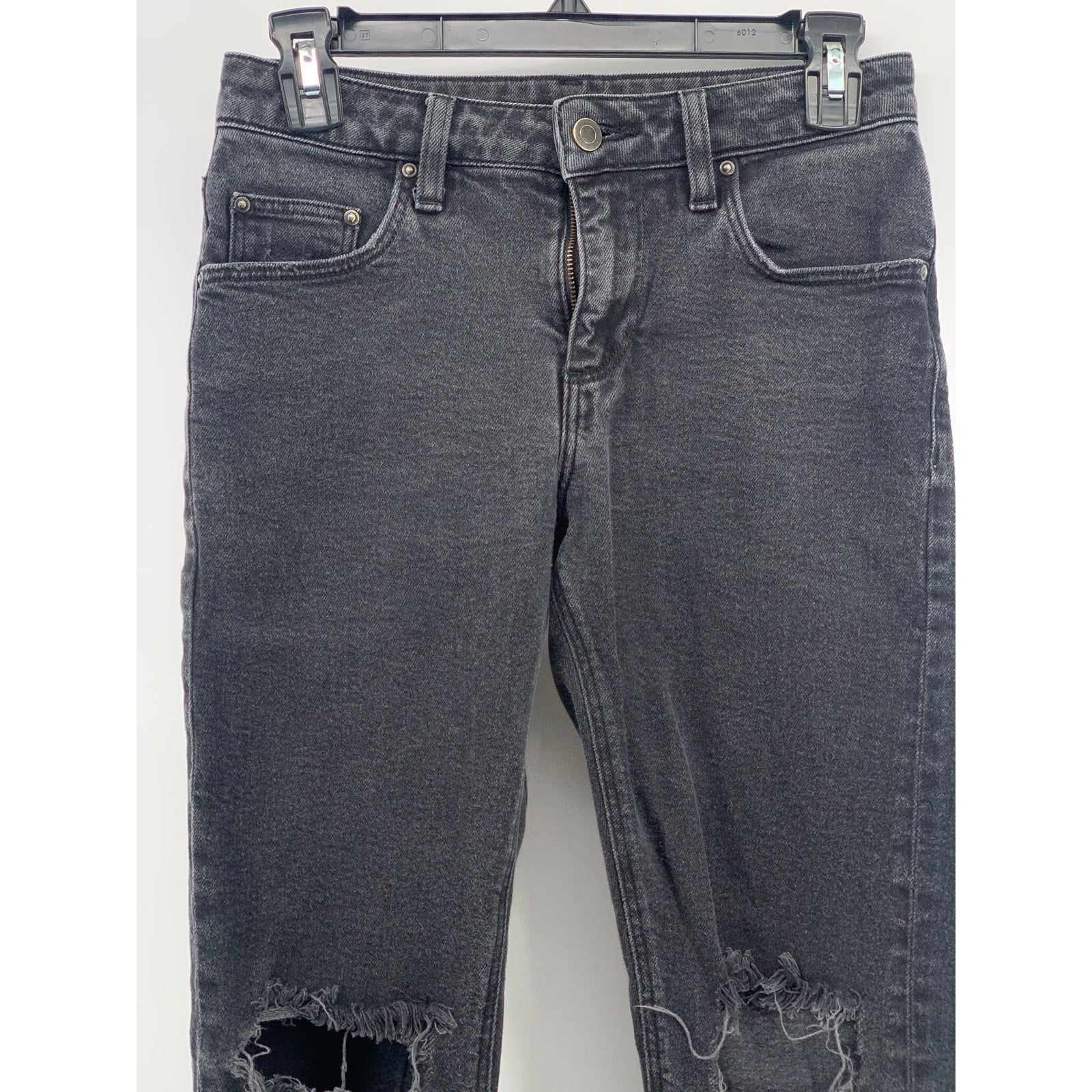ASOS Women's Black Denim Distressed High-Rise Slim-Leg Regular-Fit Jeans SZ 28