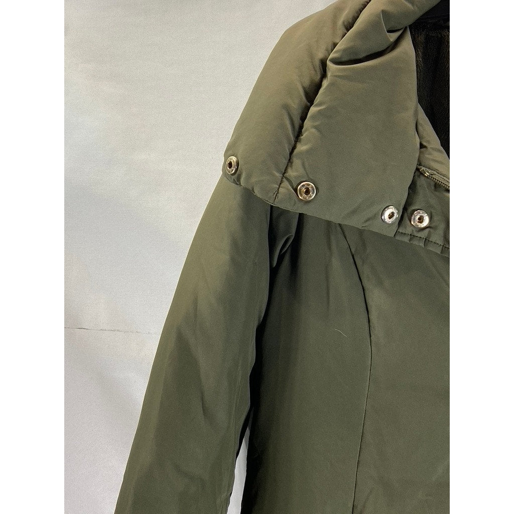 ELLEN TRACY Women's Olive Full-Zip Snap-Button Stand Collar Puffer Jacket SZ S
