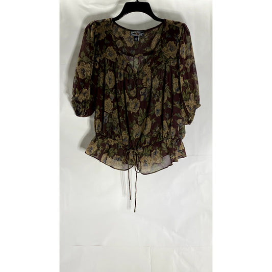 AMERICAN LIVING Women's Brown Floral Short Sleeve Ruffle Drawstring Hem Top SZ L