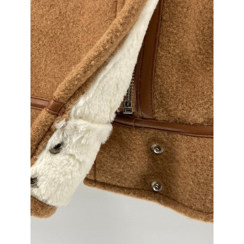 NVLT Women's Tan-White Sherpa Lined Zip-Up Brushed Melton Wool-Blend Jacket SZ S