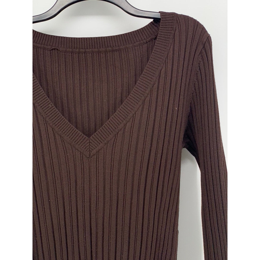 UNBRANDED Women's Brown Ribbed V-Neck Long Sleeve Top SZ S