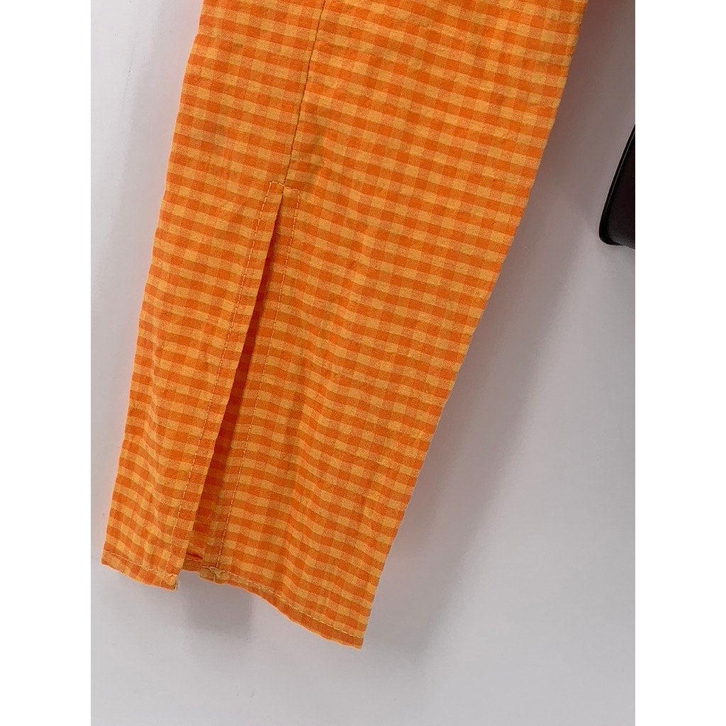 BERSHKA Women's Orange-White Gingham Long Sleeve V-Neck Cutout Cropped Top SZ S