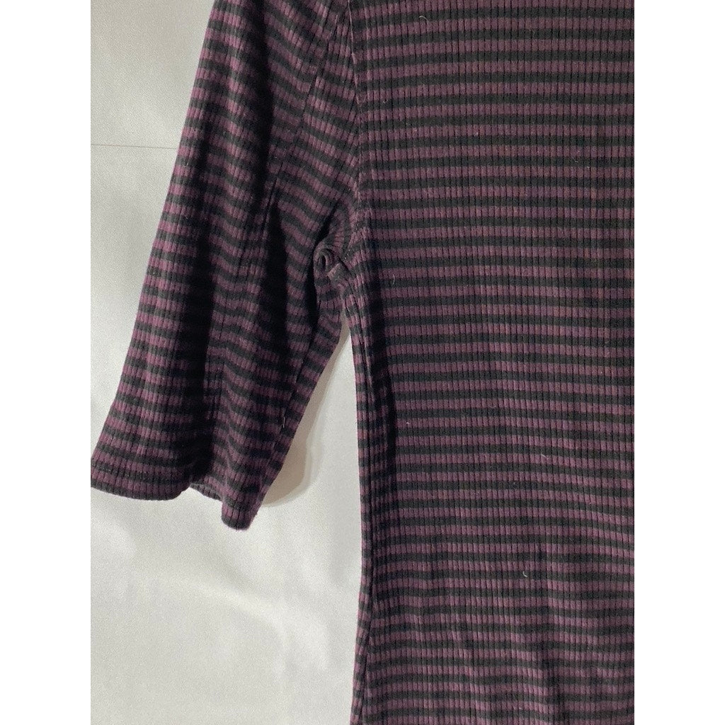 WE THE FREE Women’s Purple-Black Striped V-Neck Lace-Up 3/4 Sleeve Top SZ M