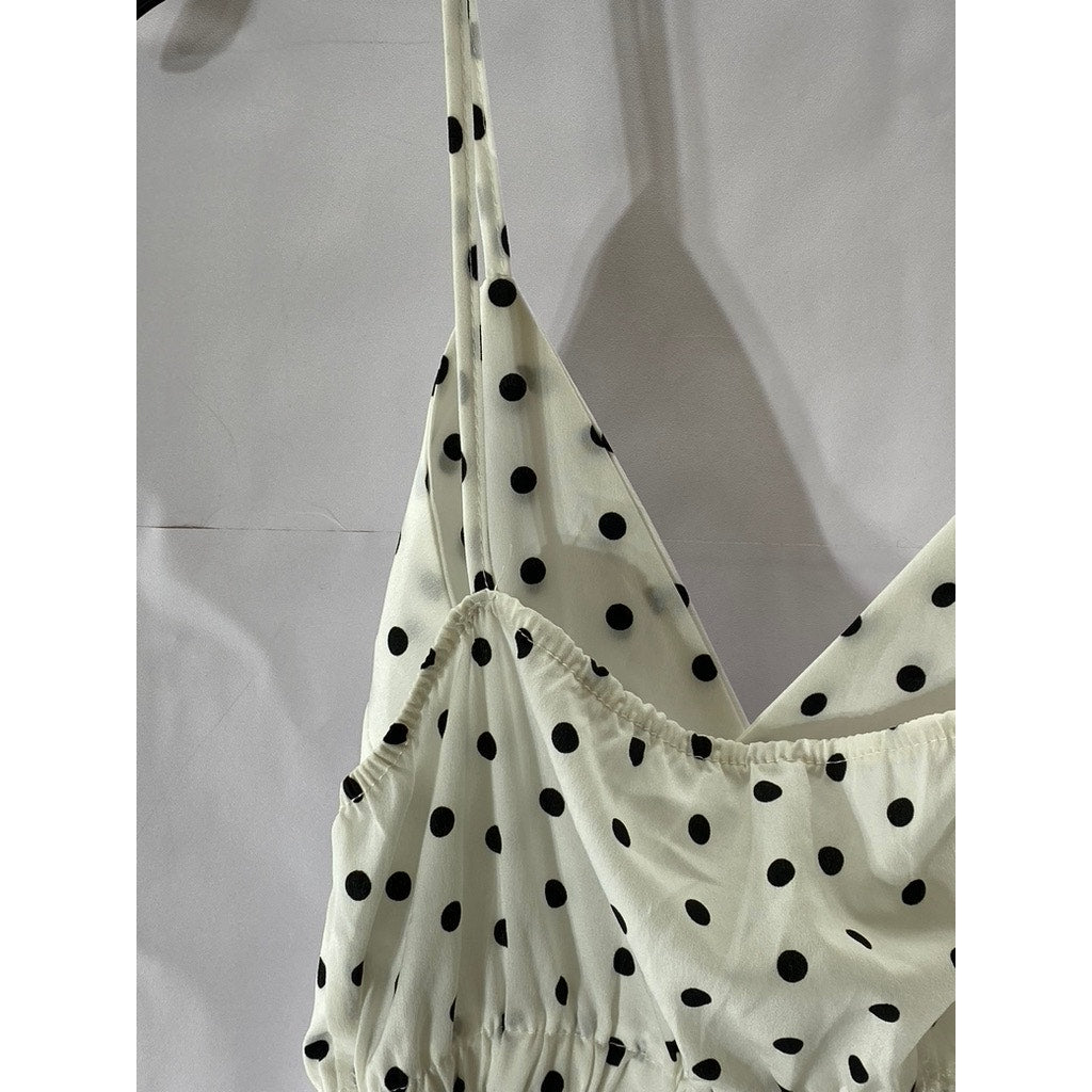 UNBRANDED Women's White-Black Polka-Dot V-Neck Tiered Midi Dress SZ S