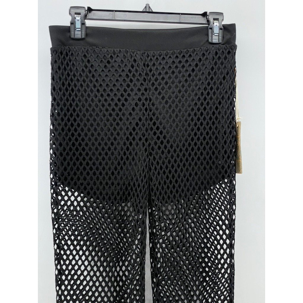 IRIS Women's Black Diamond Mesh Lined Pull-On Elastic Waist Wide-Leg Pant SZ M
