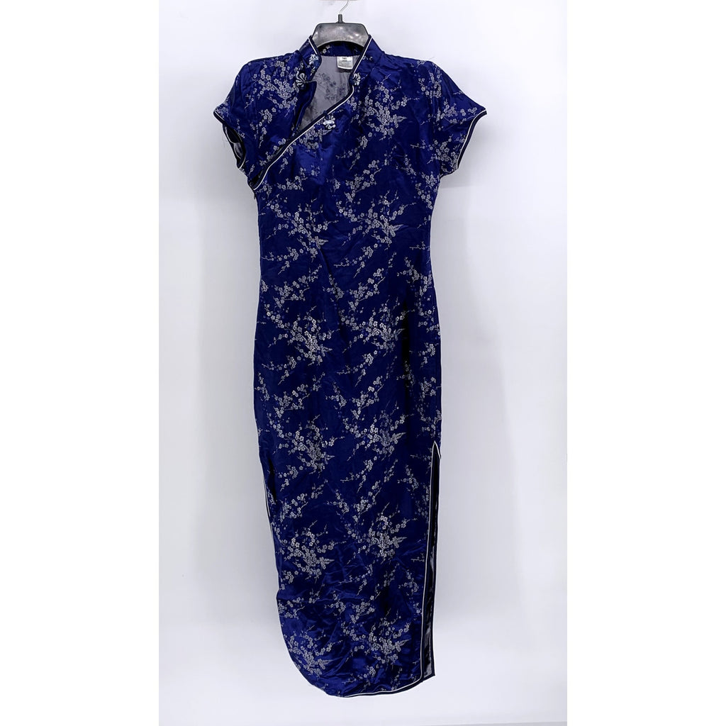 UNBRANDED Women's Dark Blue Satin Floral Print Cheongsam Dress SZ 38(US10)