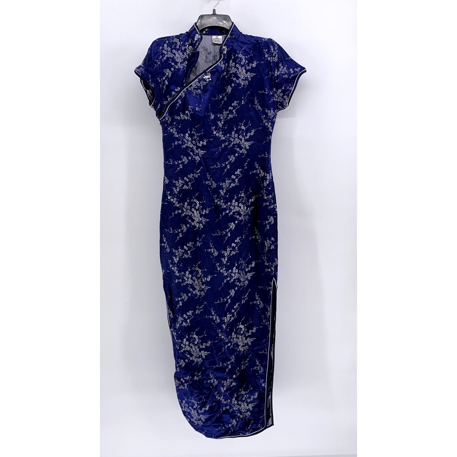 UNBRANDED Women's Dark Blue Satin Floral Print Cheongsam Dress SZ 38(US10)