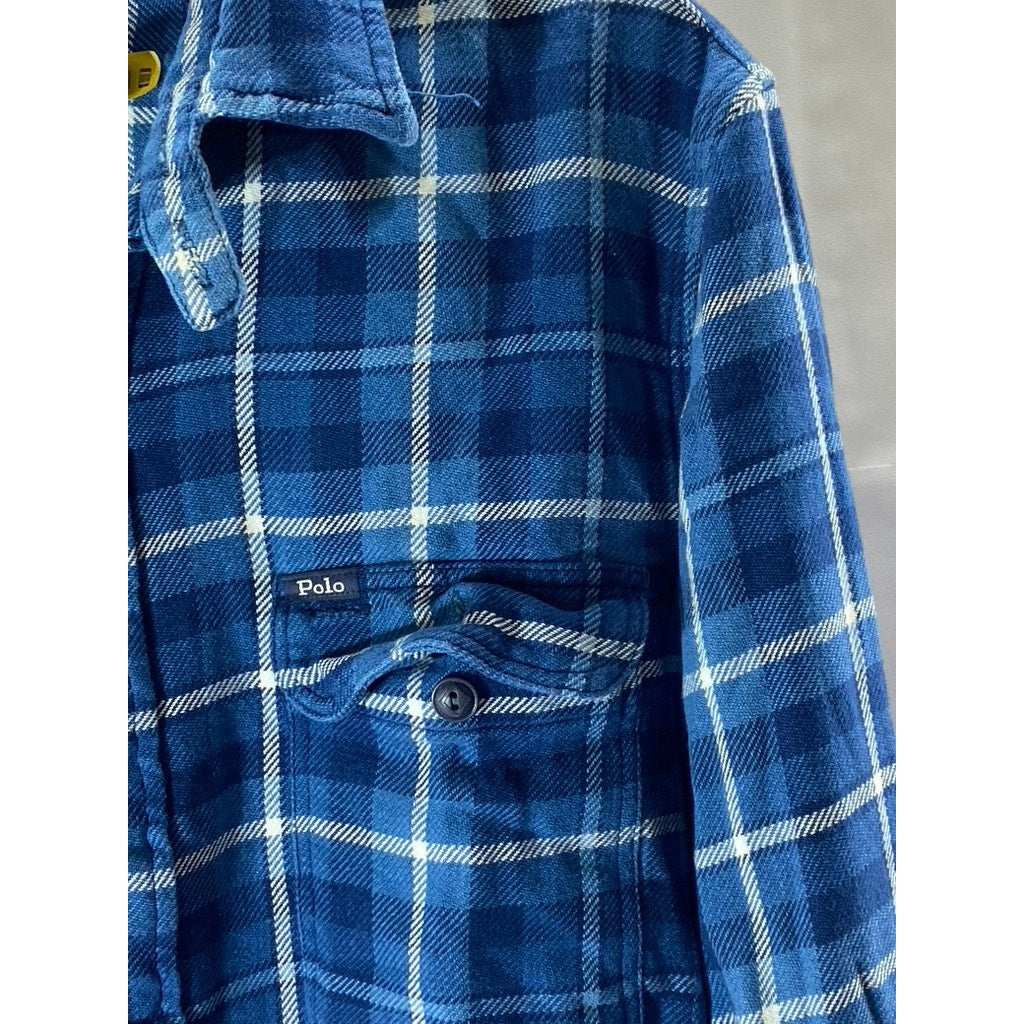 POLO RALPH LAUREN Men’s Blue Plaid Classic-Fit Button-Up Indigo Shirt SZ M