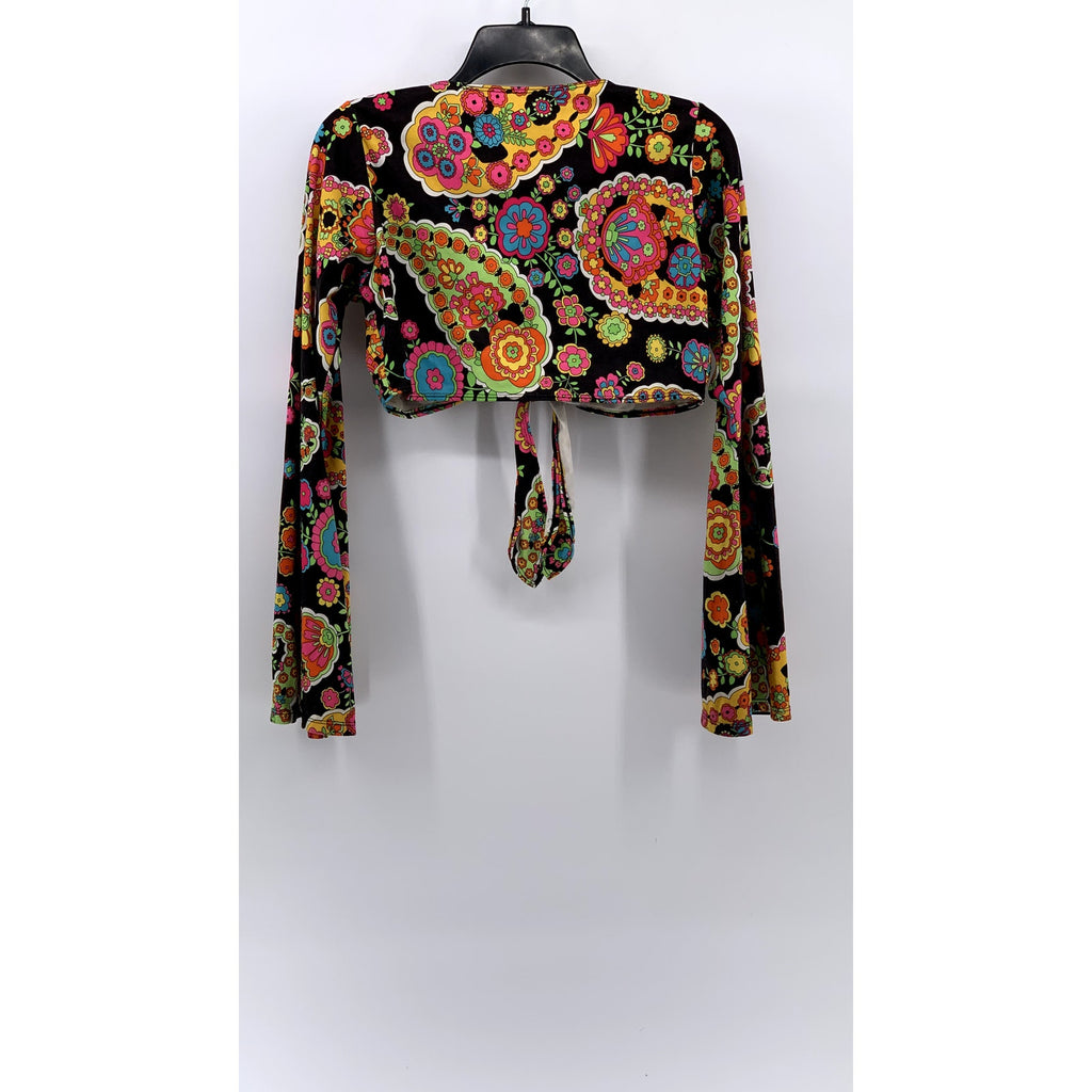 LEG AVENUE Women’s Black-Multi Paisley Retro Long Sleeve Crop Top SZ M/L