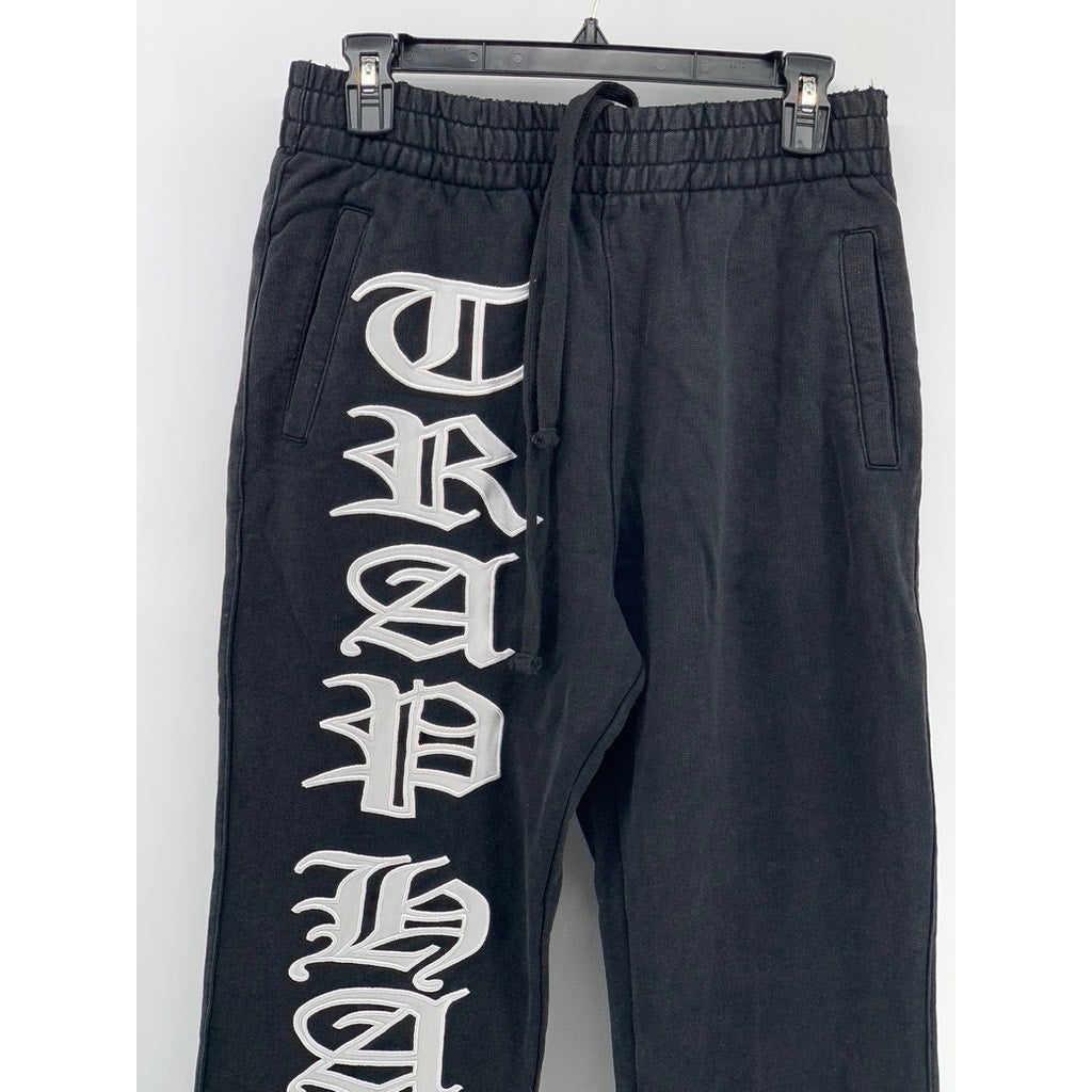 TRAP HARDEST Men’s Black-White Logo Sweatpants SZ M