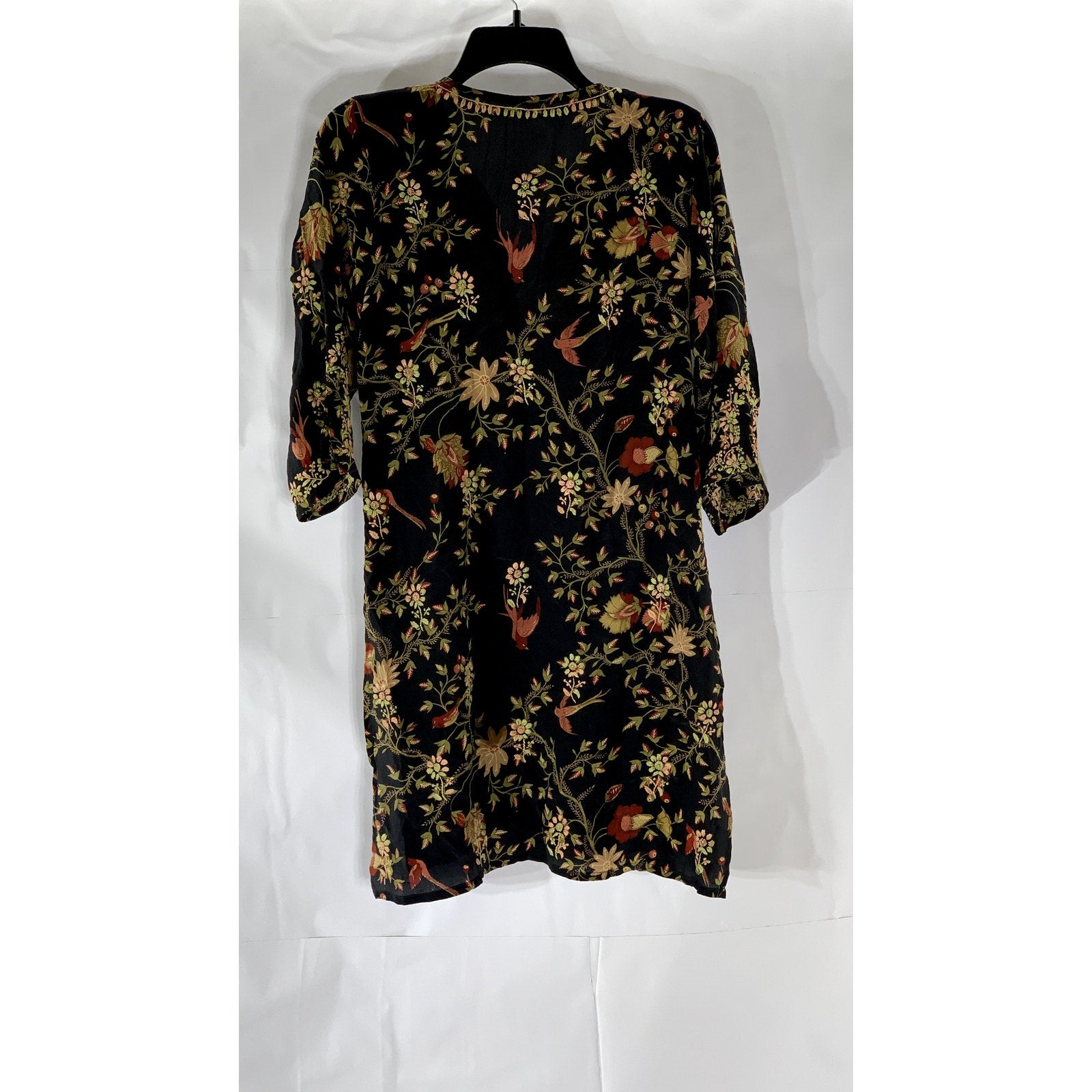 UNBRANDED Women's Black Embroidered Floral Print V-Neck Silk Mini Dress SZ M