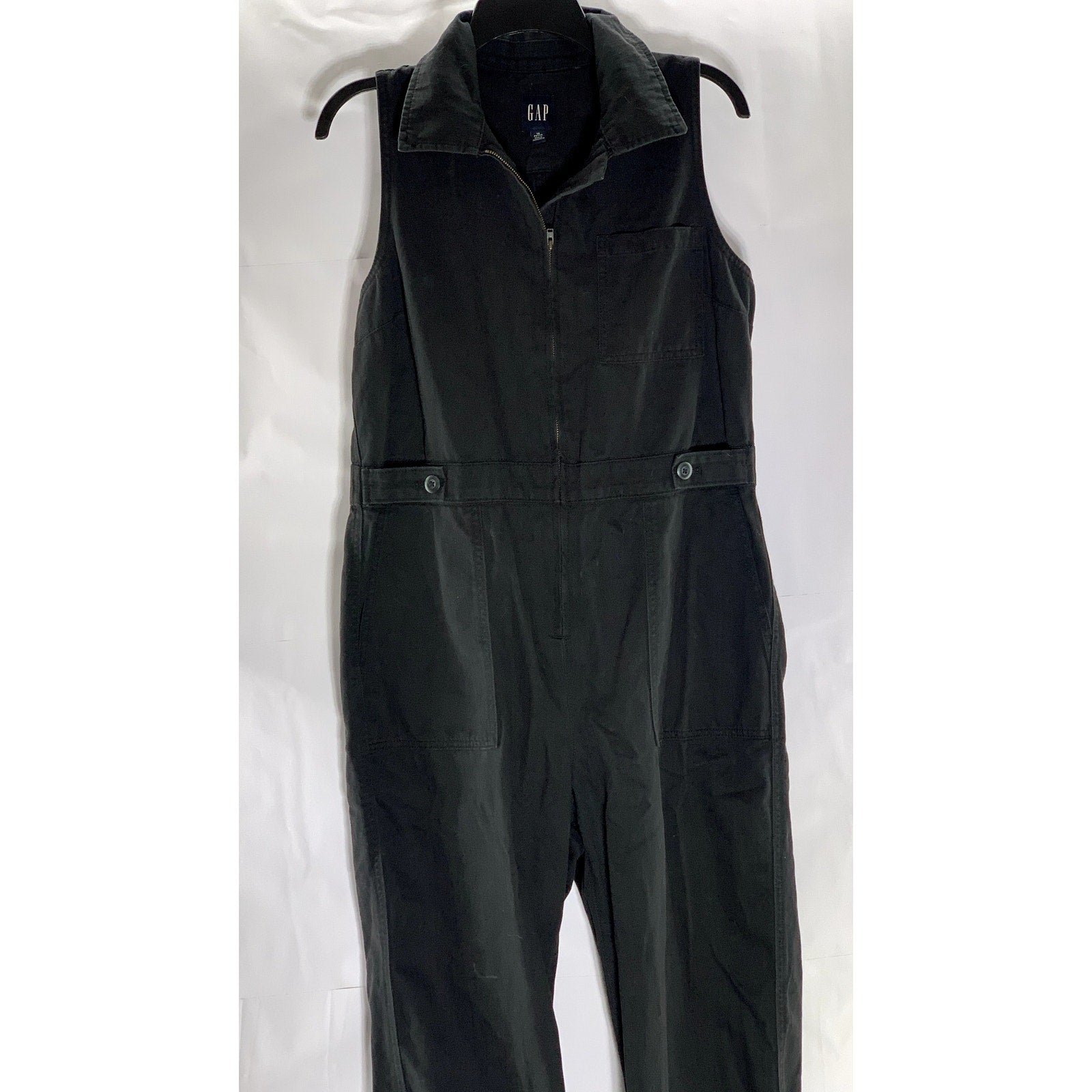 GAP Women's Petite Black Solid Demin Sleeveless Front Zip Jumpsuit SZ 10P