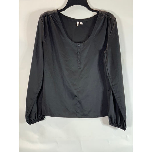 NORDSTROM Women's Black Solid Button Scoop-Neck Long Sleeve Top SZ XS