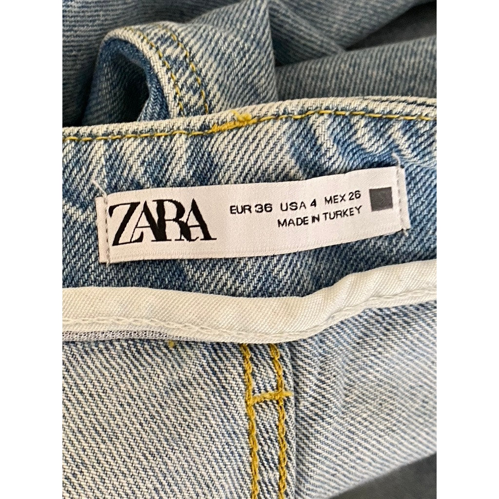 ZARA Women's Light Blue Wash Denim Button-Detail Pleated Relaxed-Fit Jean SZ 4