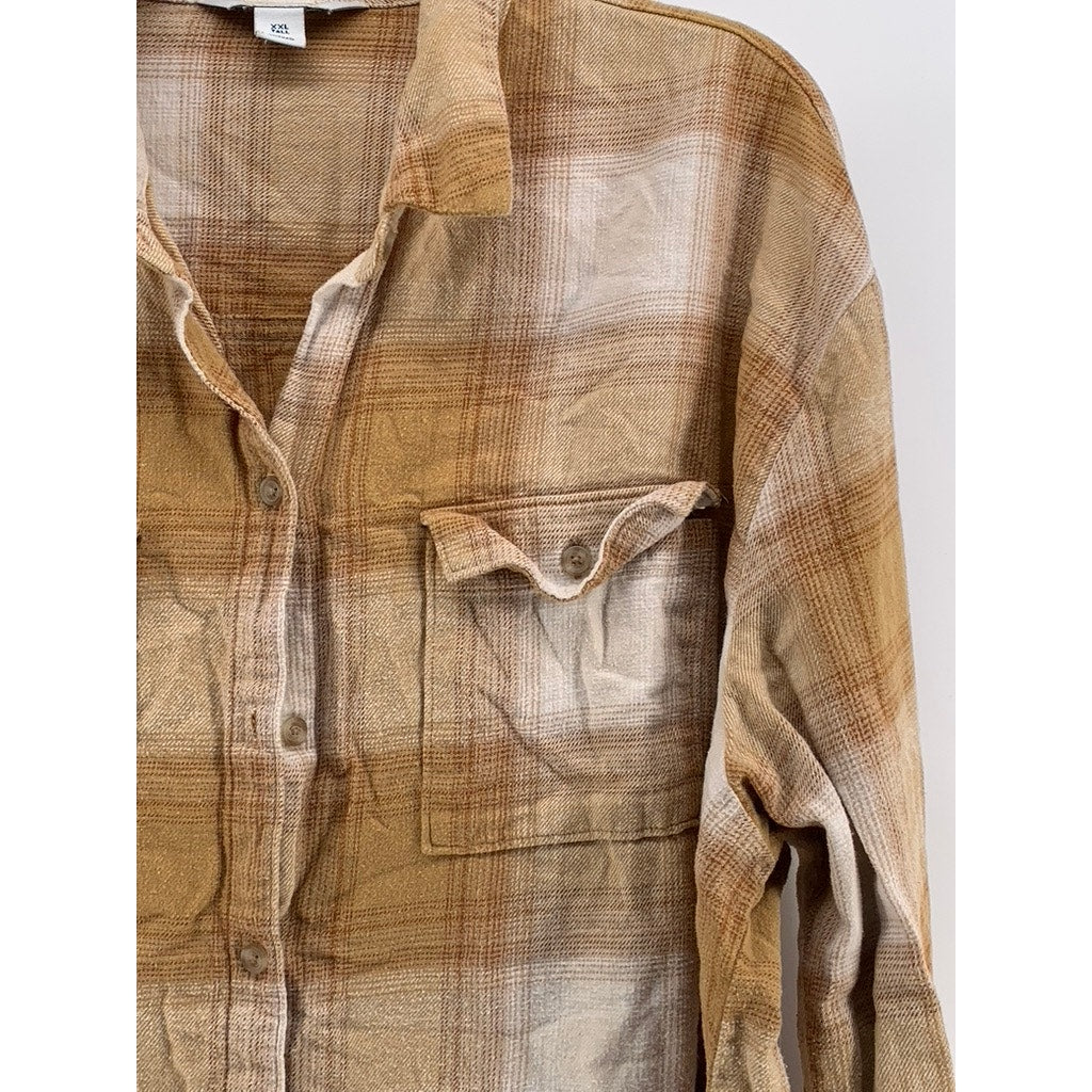 OLD NAVY Women's Tall Tan Flannel The Boyfriend Button-Up Top SZ 2XL