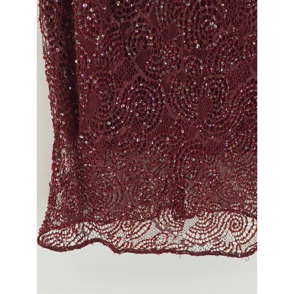 UNBRANDED Women's Burgundy Beaded Mesh Cold Shoulder Short Sleeve Dress SZ S