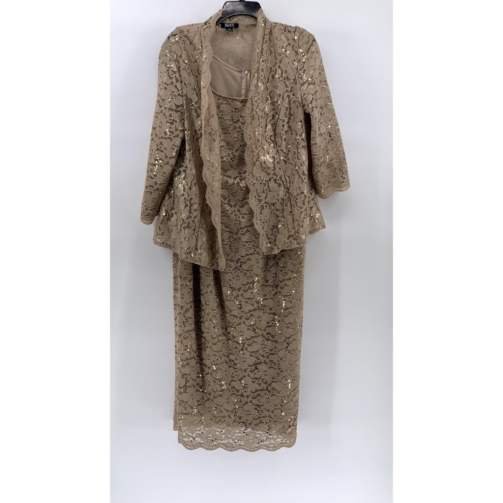 SLNY Women's Plus Beige Floral Lace Straight-Neck Sheath 2pc Dress SZ 14W