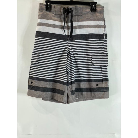 MONUMENT Men's Gray/Black Striped Elastic Drawstring Pull-On Board Shorts SZ S