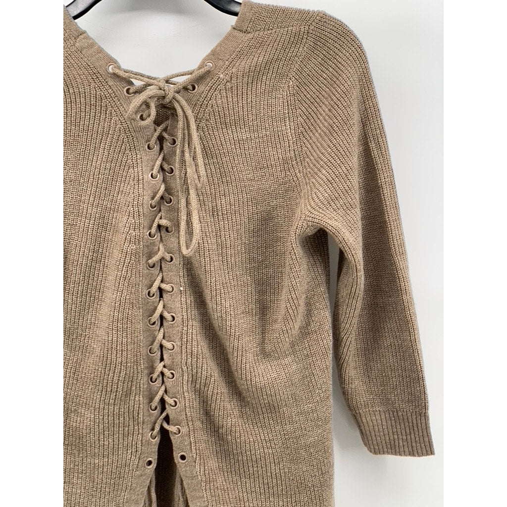 NEW YORK & COMPANY Women's Brown Knit Lace-Up 3/4 Sleeve Crewneck Sweater SZ S